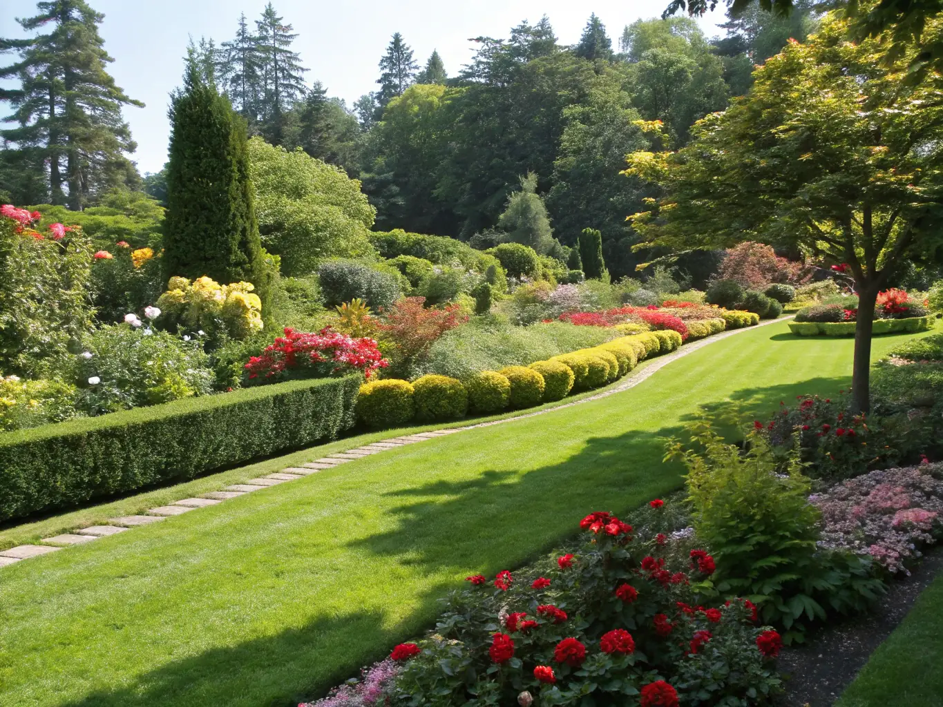 A beautifully landscaped garden with vibrant flower beds, a manicured lawn, and a charming patio area, showcasing a recent garden transformation project by Whiteglove Property Services.