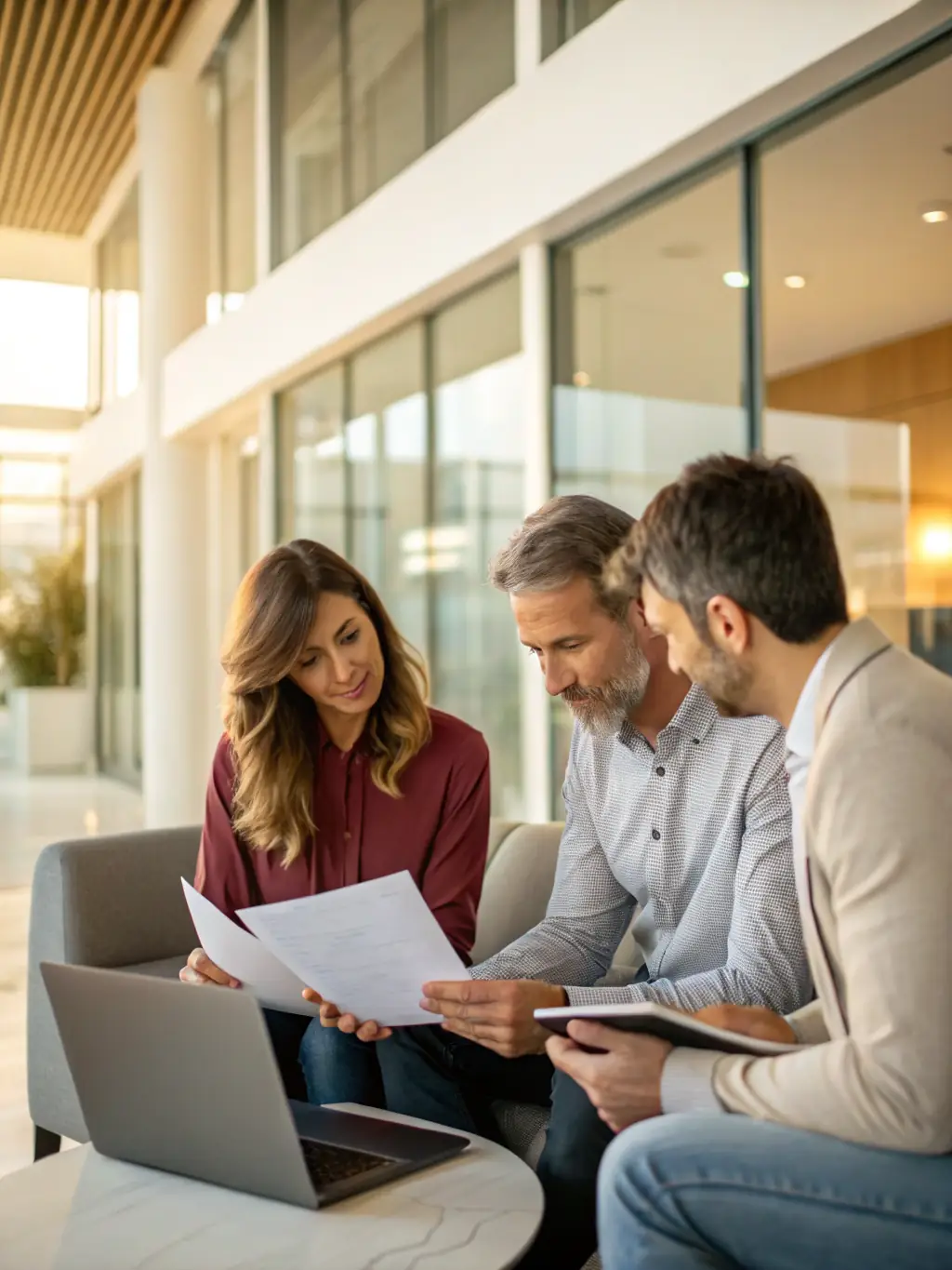 A financial advisor discussing mortgage options with a young couple in a comfortable setting, highlighting personalized advice.