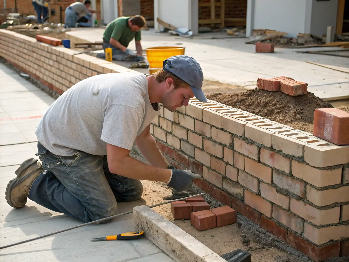 A photograph of a construction worker laying bricks on a new home construction site, emphasizing precision and quality workmanship.