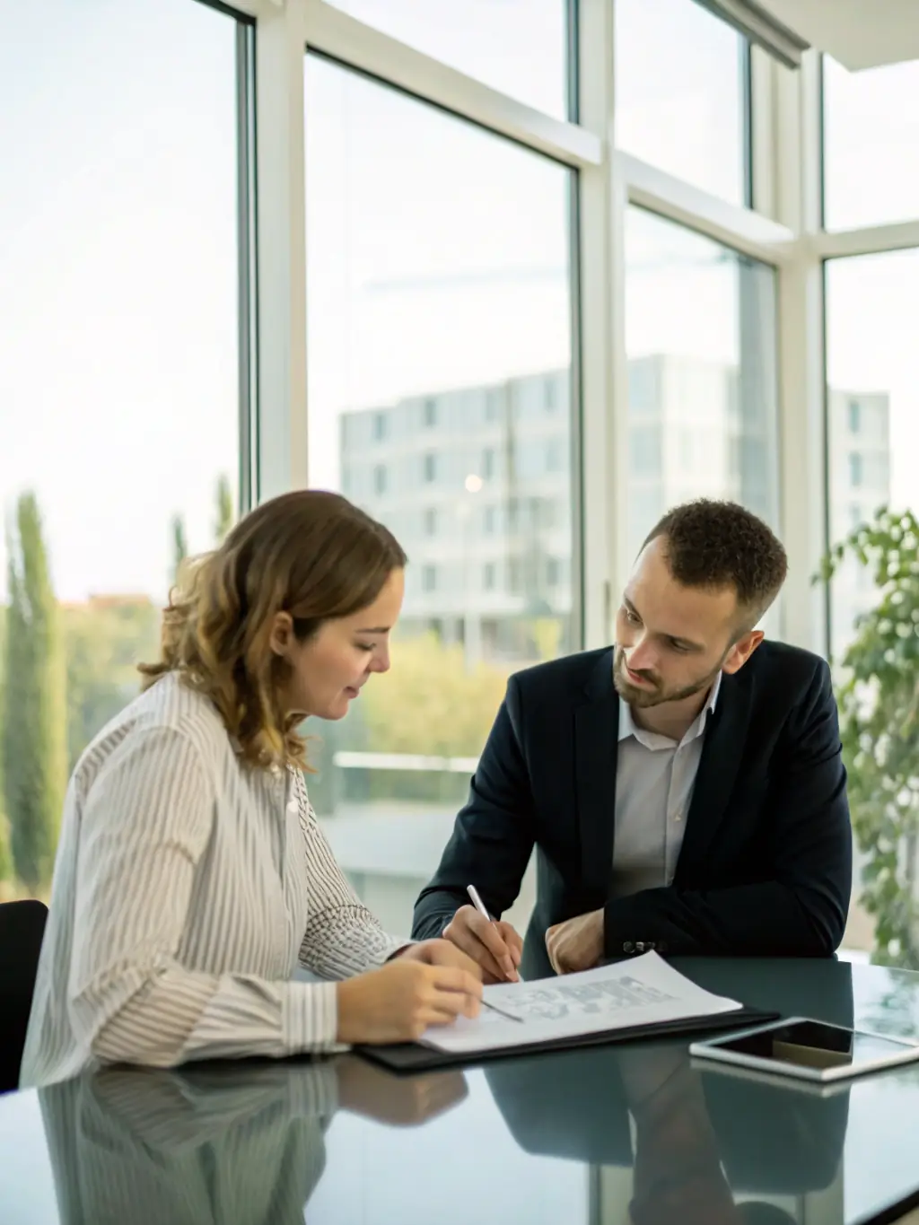 A friendly conveyancer explaining a document to a client in a bright, modern office setting, emphasizing trust and clarity.