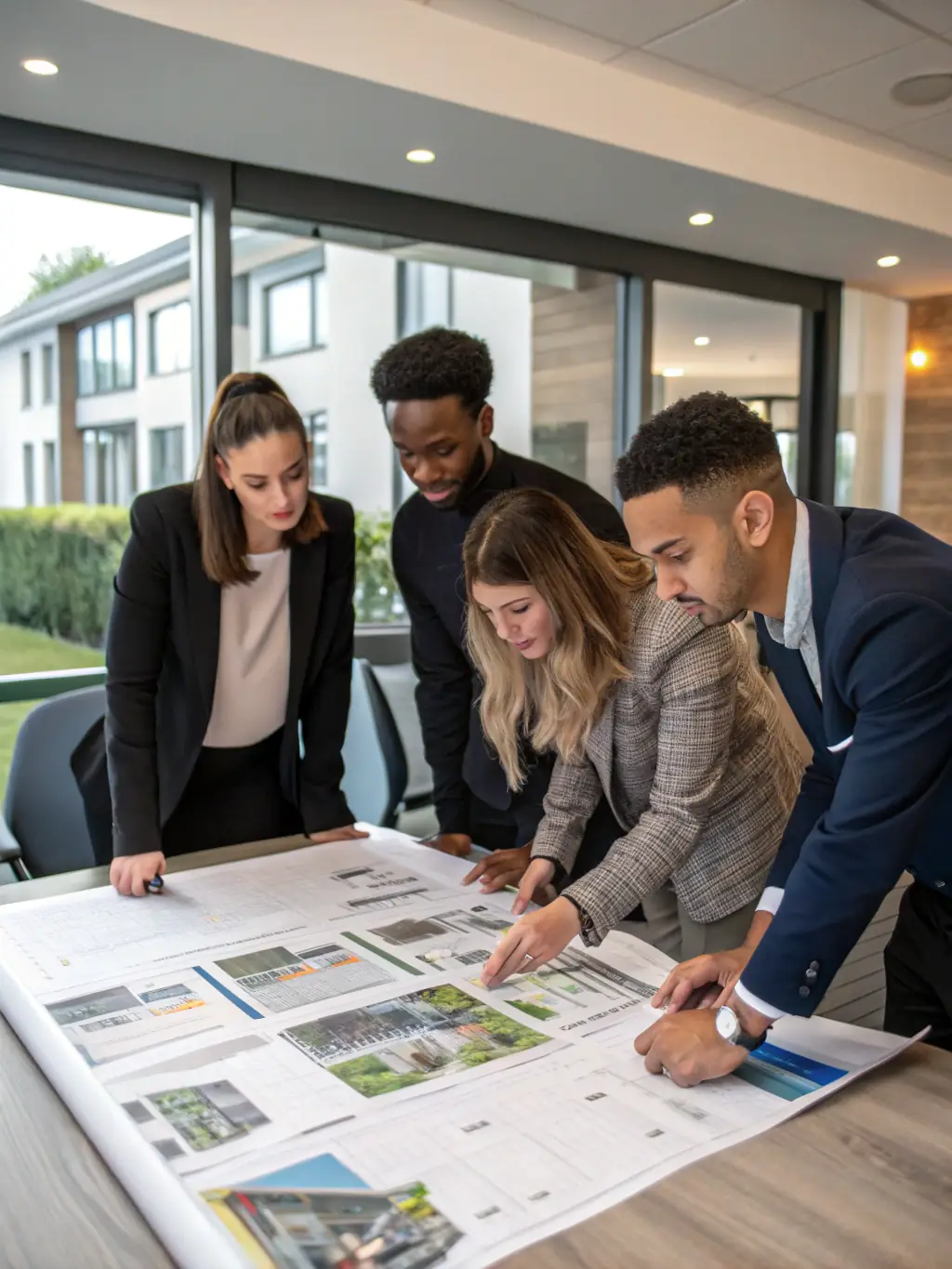 A diverse team of property advisors collaborating in a modern office, emphasizing their collective expertise and dedication to client success.