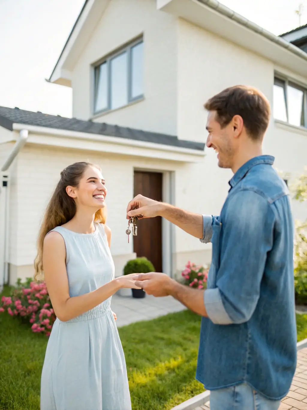 A friendly property manager handing over keys to a new tenant in front of a well-maintained property, symbolizing trust and reliability.