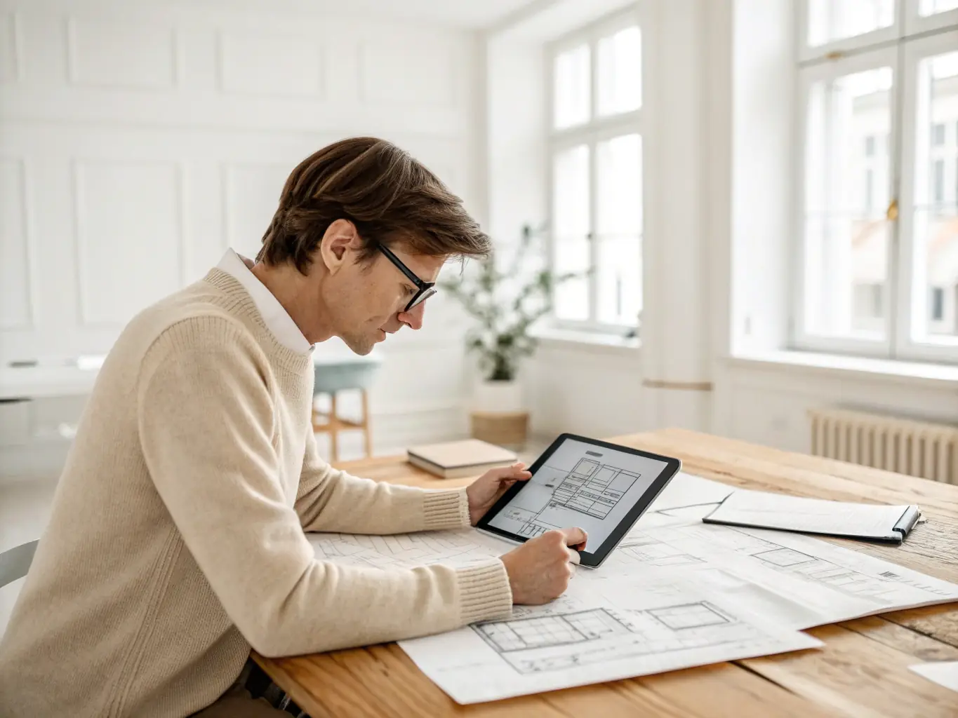An image showcasing an architect reviewing blueprints with a client in a modern office setting, highlighting collaboration and expertise.